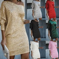 Sexy Slanted Collar Shiny Sequin Mini Dress - Thumbnail 5