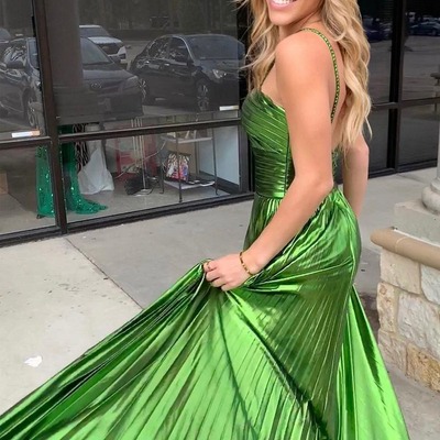 Green satin halter cutout long prom dress with slit pd230351 - Thumbnail 3