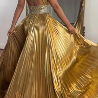 A-Line Glitter Golden  Beaded Metallic Long Prom Dress with Slit,PD230353 - Thumbnail 2