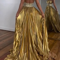 A-Line Glitter Golden  Beaded Metallic Long Prom Dress with Slit,PD230353 - Thumbnail 1