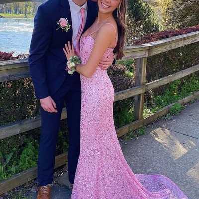 Mermaid pink sequin plunge v long prom dress,pd230355 - Thumbnail 4