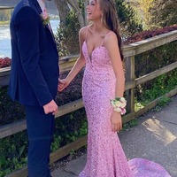 Mermaid Pink Sequin Plunge V Long Prom Dress,PD230355 - Thumbnail 1
