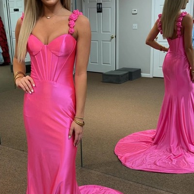 Mermaid hot pink floral straps satin long prom dress,pd230357 - Thumbnail 4