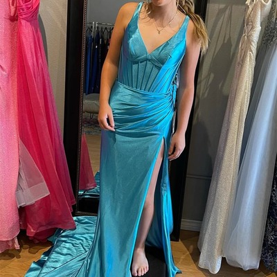 Mermaid regency satin v neck long prom dress with slit ,pd230359 - Thumbnail 5