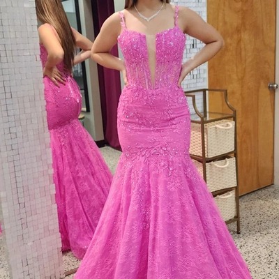 Mermaid pink appliques lace long prom dress,pd230360 - Thumbnail 5