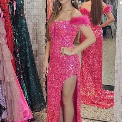 Mermaid hot pink feathered off-shoulder  sequins long prom dress with slit,pd230361