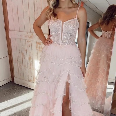 Long light pink spaghetti straps sequined layers floral prom dress with slit,pd230362 - Thumbnail 4