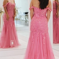 Mermaid Pink Off the Shoulder Tulle Long Prom Dress with Appliques,PD230363 - Thumbnail 1