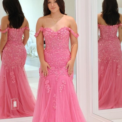 Mermaid pink off the shoulder tulle long prom dress with appliques,pd230363 - Thumbnail 5