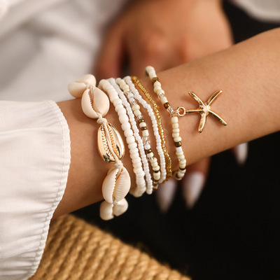   7-piece Set Sea Star Weaving Bracelet Summer Beach Shell Rice Bead Jewelry Gift for Women Girsl