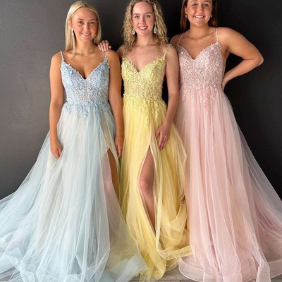 A-line v-neck lace-up appliques tulle prom dress,pd230368 - Thumbnail 4