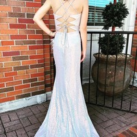  V-Neck Lace-Up Long Silver Sequin Prom Dress with Feathers,PD230369 - Thumbnail 1