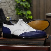 Handmade Men's Blue & White Leather Oxford Shoes - Thumbnail 2