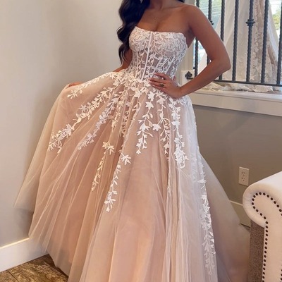 a-line champagne tulle strapless long prom dress with appliques ,pd230372 - Thumbnail 2
