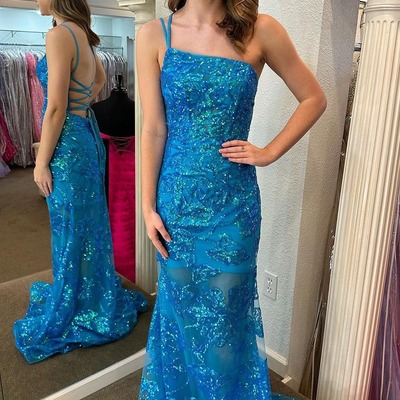 Mermaid one shoulder sequin lace  long prom dresses ,pd230375