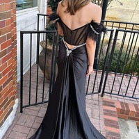 Mermaid Black Satin Feathered Off the Shoulder Long Prom Dresses,PD230376 - Thumbnail 1