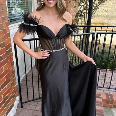 Mermaid black satin feathered off the shoulder long prom dresses,pd230376 - Thumbnail 3