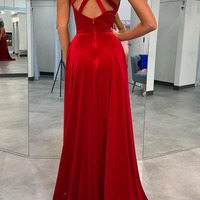 A-Line Red Velvet  V Neck Long Prom Dress With Slit ,PD230379 - Thumbnail 1