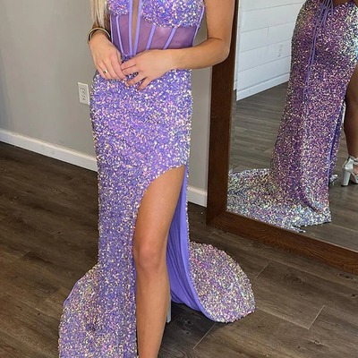 Mermaid sparkly lilac long corset sequined prom dress with slit,pd230380 - Thumbnail 3
