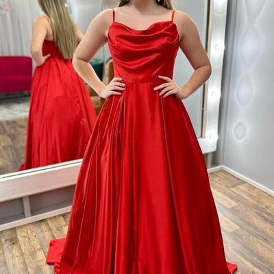 A-line red cowl neck spaghetti strap long prom dress,pd230381 - Thumbnail 3