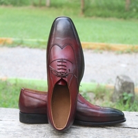 Crafted Leather Classic Men Oxford in Burgundy Black Shaded Leather Dress Wingtip Shoes - Thumbnail 1