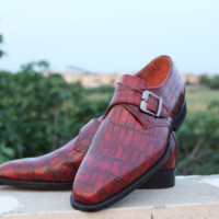 Crafted Leather Classic Red Crocodile/Alligator Monk Strap Dress Shoes - Thumbnail 2