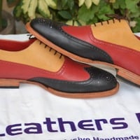 Tri Tone Color Classic Wingtip Lace up Oxford Dress Wedding Shoes - Thumbnail 2