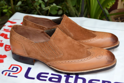 Brown Leather and Suede Wingtip Loafers Dress Shoes