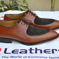 Crafted Leather Two Tone Brown Leather and Suede Lace up Dress Shoes - Thumbnail 1