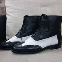 Black White Leather Classic Wingtip Ankle High Lace up Dress Boot - Thumbnail 1