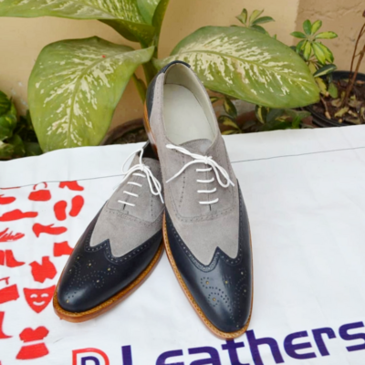 Crafted leather blue leather gray suede wingtip oxford lace up dress shoes - Thumbnail 3