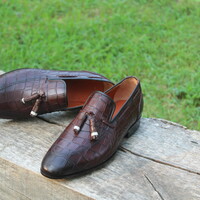 Crafted Leather Tassel Loafers Shoes in Burgundy Crocodile Leather Hand-Stitched - Thumbnail 1