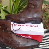 Crafted Leather Brown Ankle High Lace up Dress Boot - Thumbnail 1