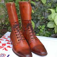 Handmade Brown Double Buckle Ankle High Lace up Long Military Boot - Thumbnail 1