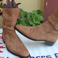 New Handmade Brown Suede Leather Ankle High Cowboy Monk Boot  - Thumbnail 1