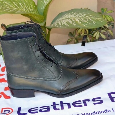 Crafted Leather Classic New Handmade Men's Green Patina Lace up Ankle High Boot