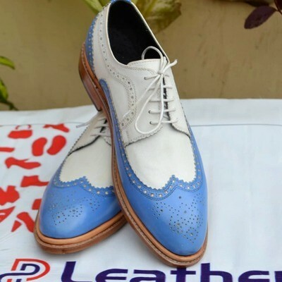 Handmade blue white leather men wingtip oxford dress shoes - Thumbnail 2