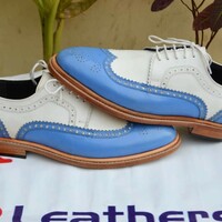 Handmade Blue White Leather Men Wingtip Oxford Dress Shoes - Thumbnail 1
