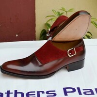 Crafted Leather Classic Men Handmade Burgundy Calf and Suede Leather Single Monk Strap Dress Shoes - Thumbnail 2