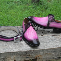 Crafted Leather Luxury Pink Patina Lace up Oxfords Shoes Dress Shoe for Men with Matching Belt - Thumbnail 4