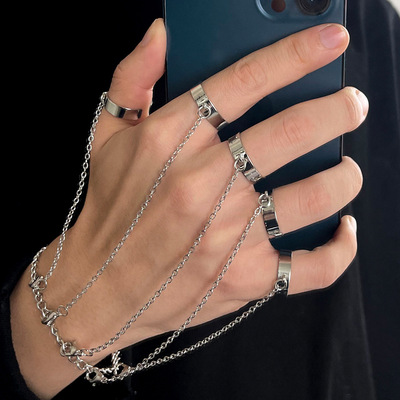 Black/Silver Punk Geometric Chain Wrist Bracelet Rings for Men