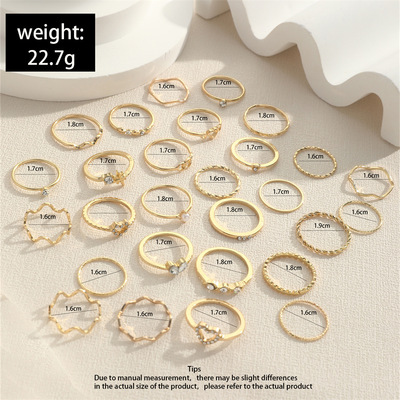 28pcs/set minimalist diamond studded heart-shaped wave ring gold geometric joint rings