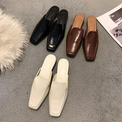  summer new solid simple pu square toe flat slip-on mid heels slippers  