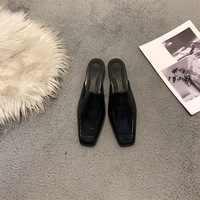  Summer New Solid Simple PU Square Toe Flat Slip-On Mid Heels Slippers   - Thumbnail 1