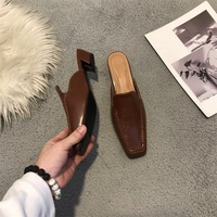  Summer New Solid Simple PU Square Toe Flat Slip-On Mid Heels Slippers   - Thumbnail 2