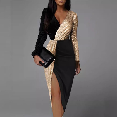 Two color black gold ethnic style high waist solid color temperament long sleeve waist cinched dress