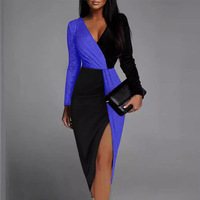 Two color black gold ethnic style high waist solid color temperament long sleeve waist cinched dress - Thumbnail 1