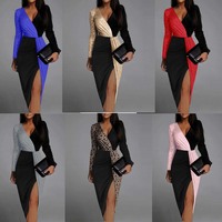 Two color black gold ethnic style high waist solid color temperament long sleeve waist cinched dress - Thumbnail 4