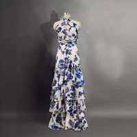  Women Sexy Off Shoulder Sleeveless Floral Print Halter Dresses - Thumbnail 3