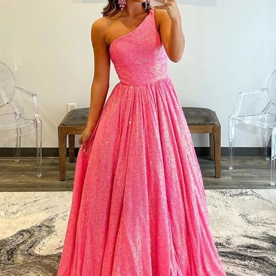 A line sparkly pink one shoulder sequins prom dress,pd230383 - Thumbnail 2